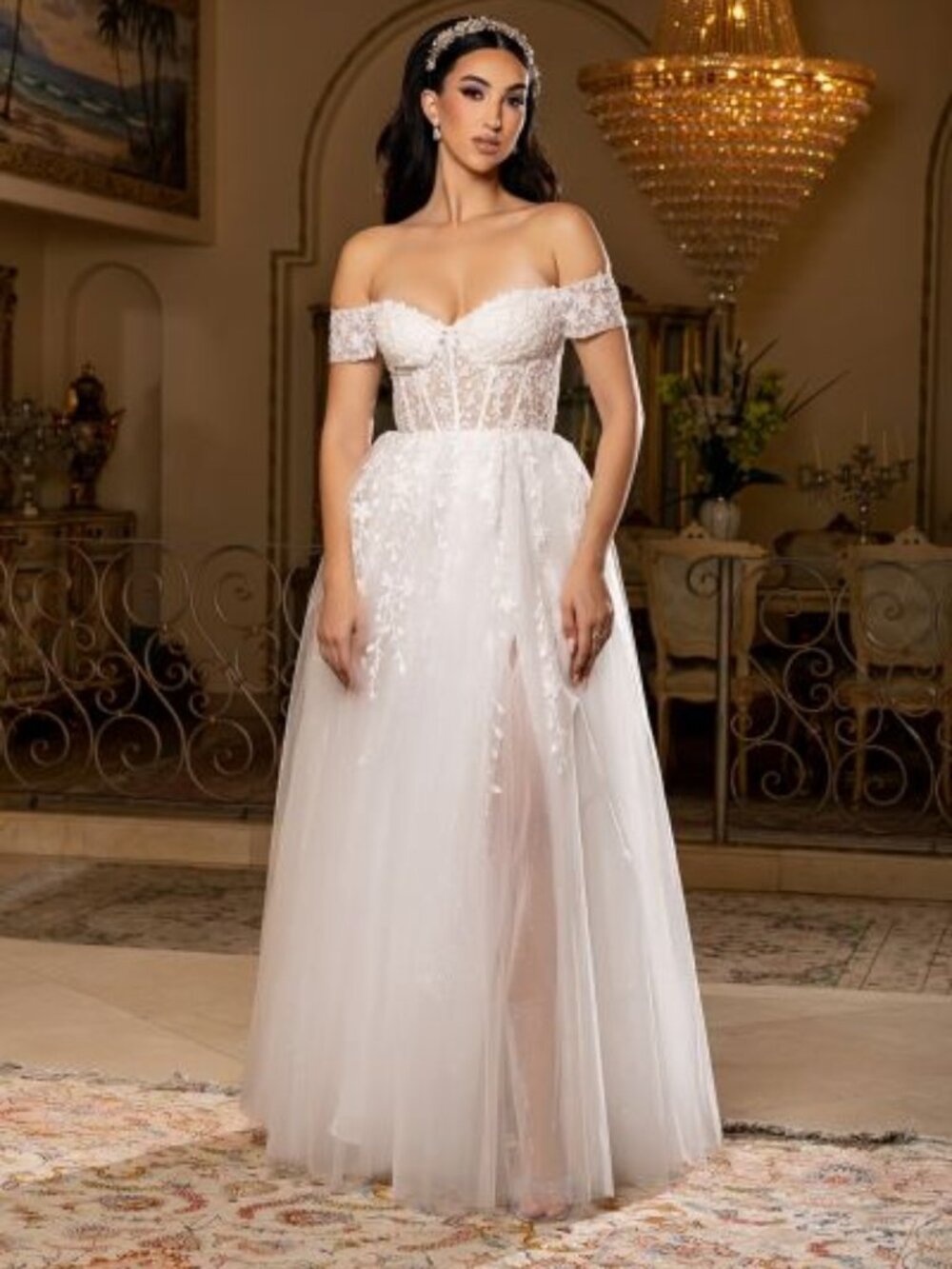 WEDDING DRESS. NEW LONG TULLE LACE OFF THE SHOULDER CORSET LACE UP BACK GOWN